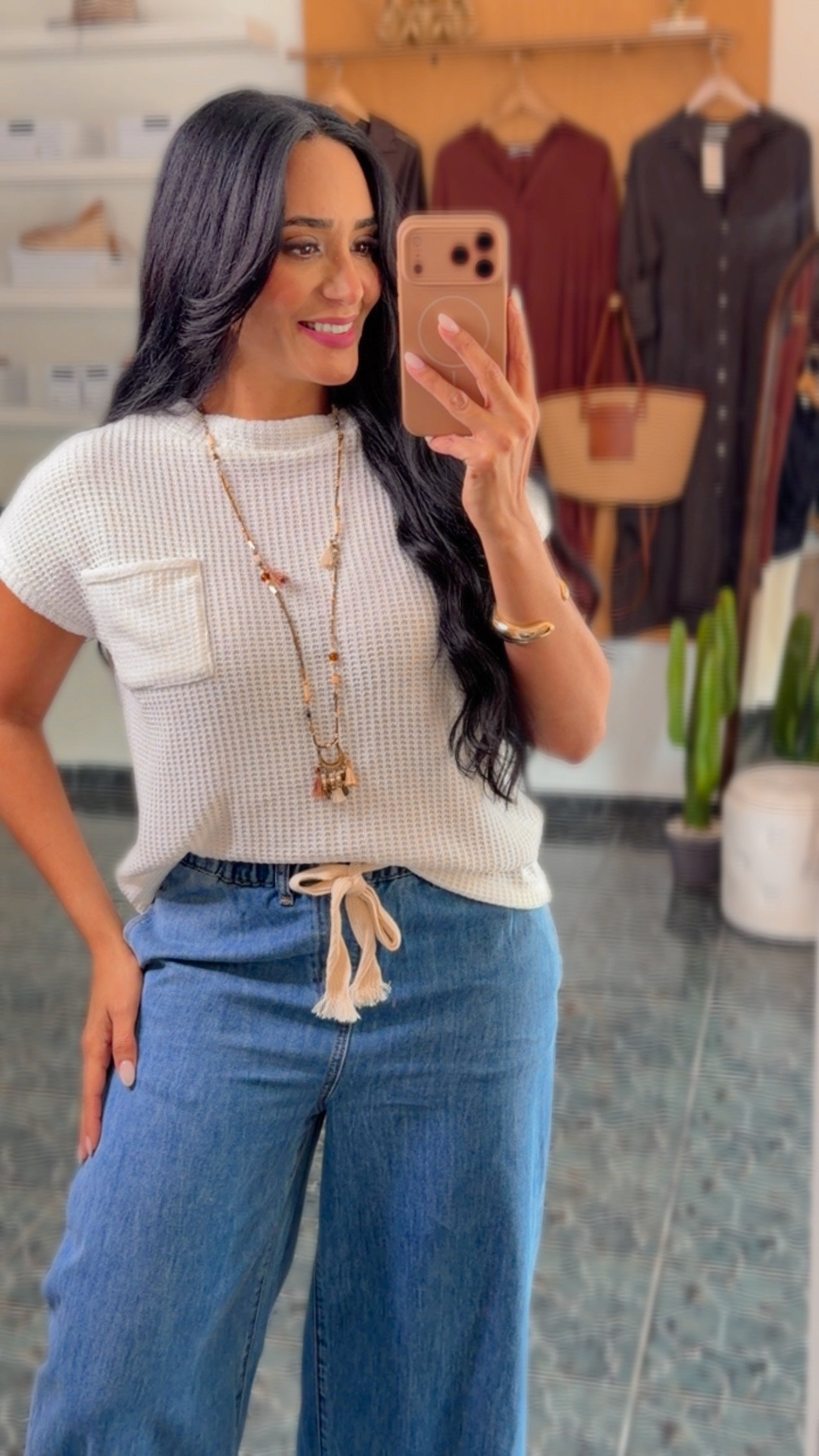 Ivory Waffle Front Pocket Top