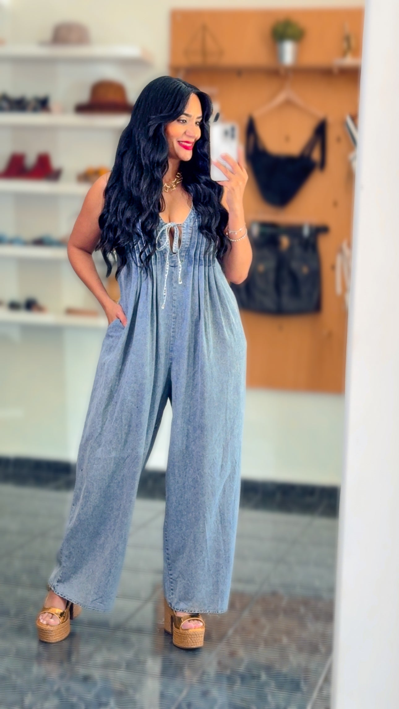 Washed Denim Wide Leg Jumpsuit