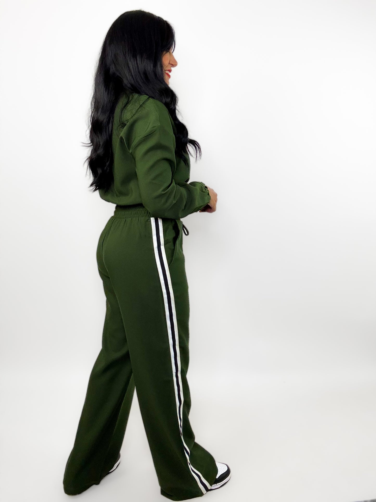 Olive Stripe Tape Zipper Jacket Pants Set