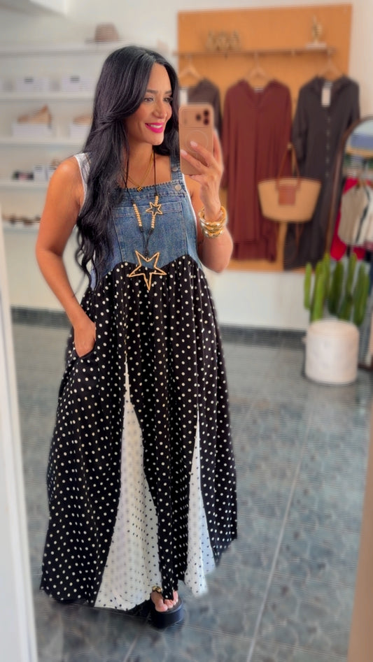 Polka Dots Patchwork Denim Overall Dress