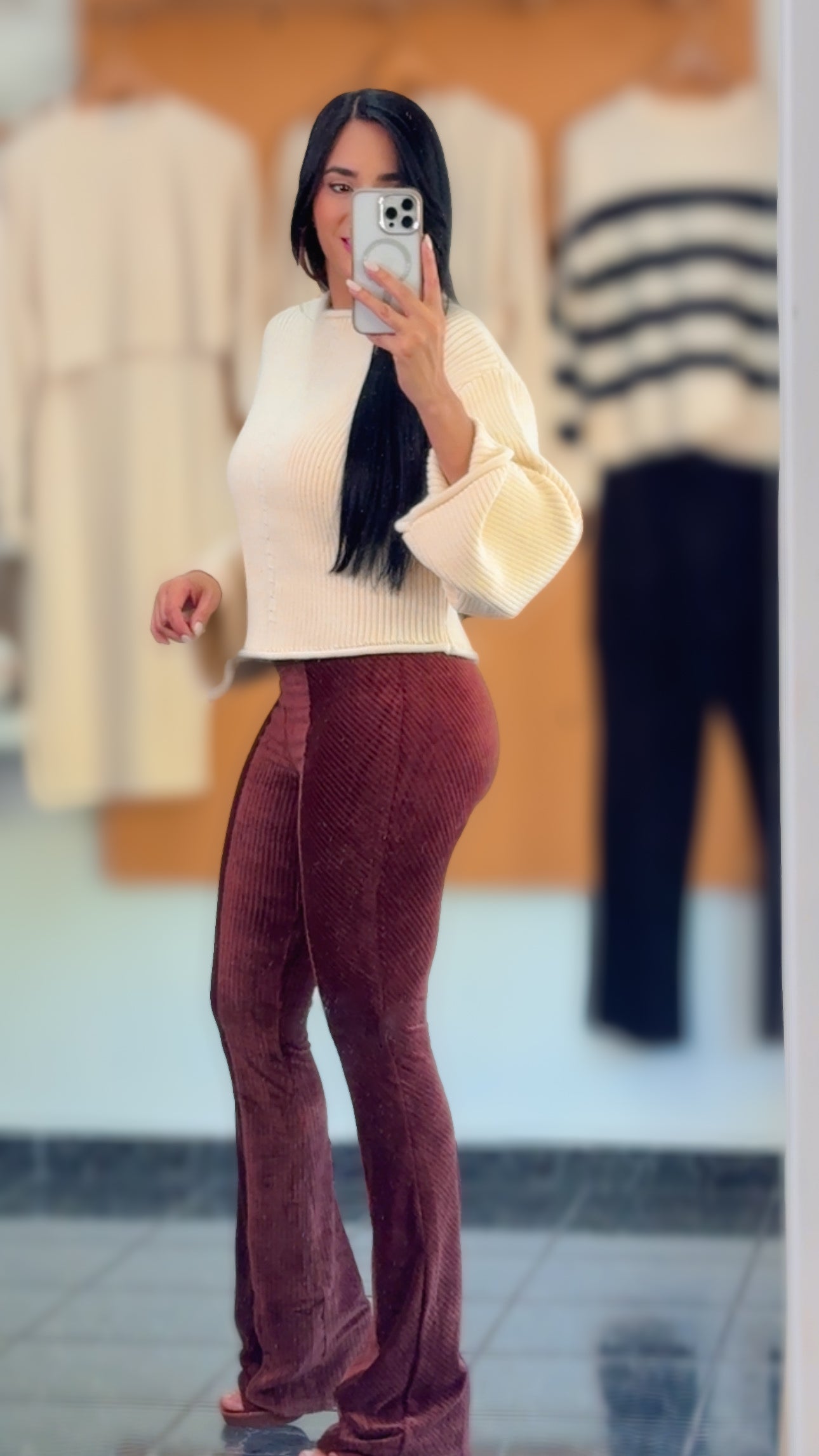 Cream Knit Flared Sleeves Sweater