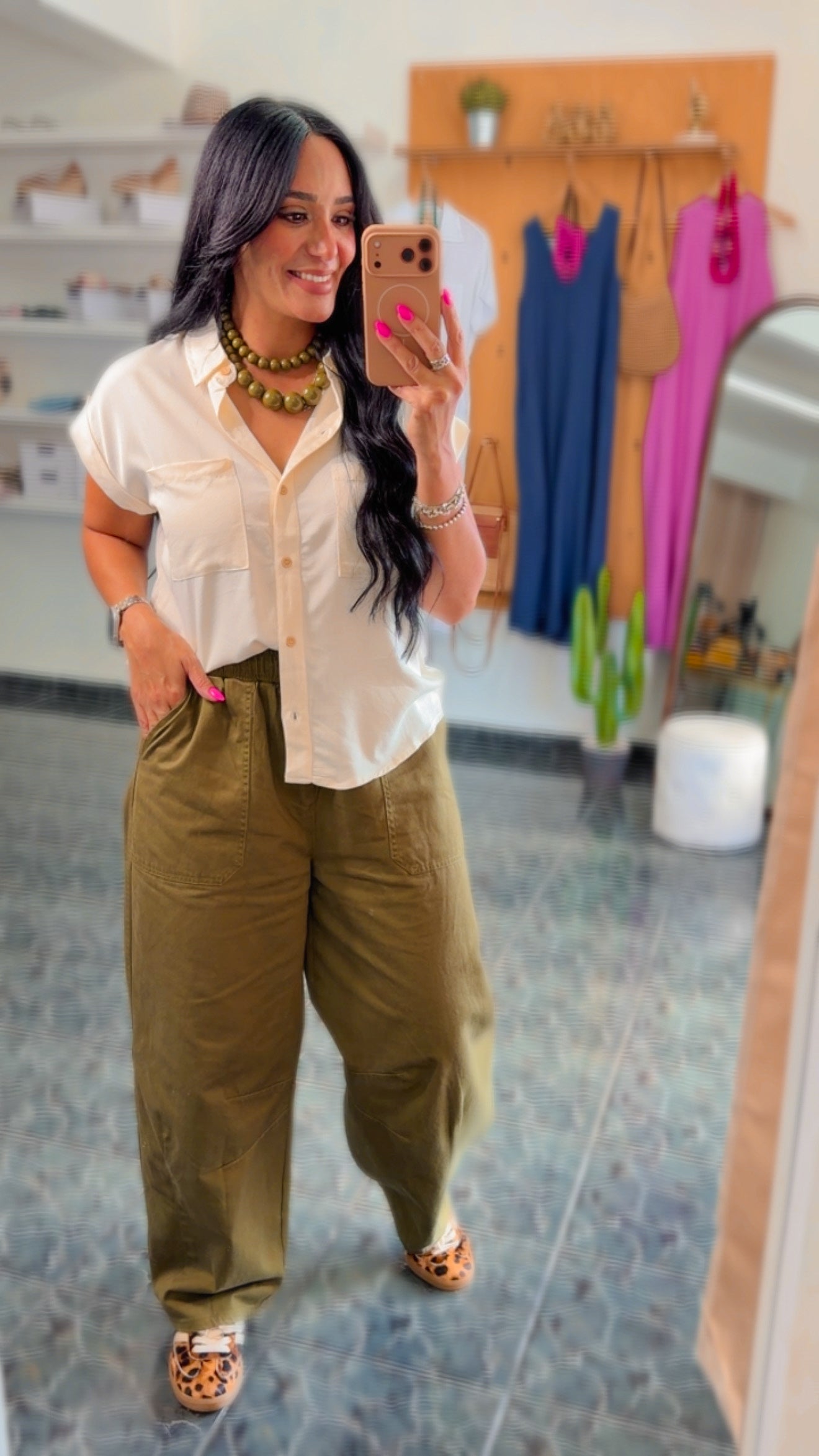 Olive Twill Elastic Waist Barrel Pants
