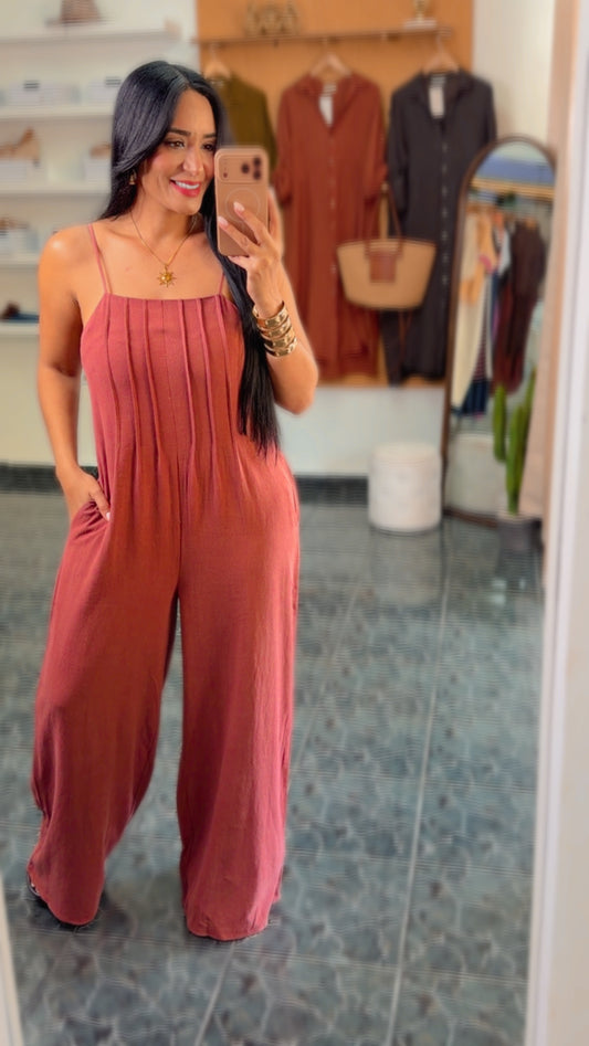 Rust Pleated Woven Jumpsuit