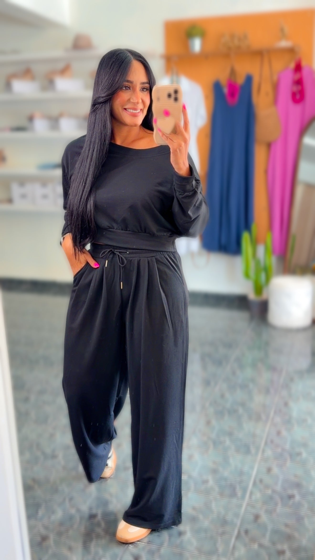 Black French Terry Off Shoulder Set