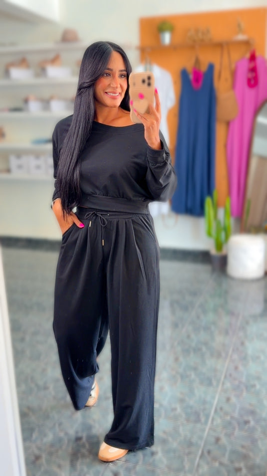 Black French Terry Off Shoulder Set