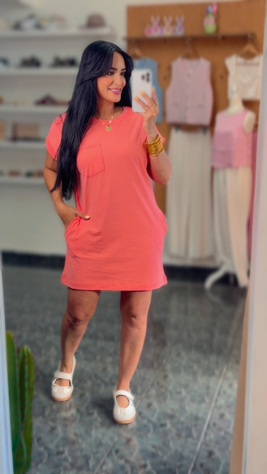 Coral Tshirt Pocket Dress