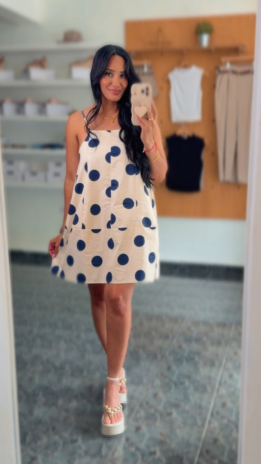 Cream/ Navy Polka Dot Barrel Dress