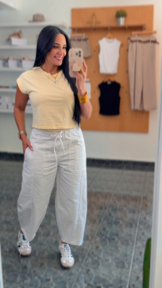 White Elastic Waist Barril Jeans