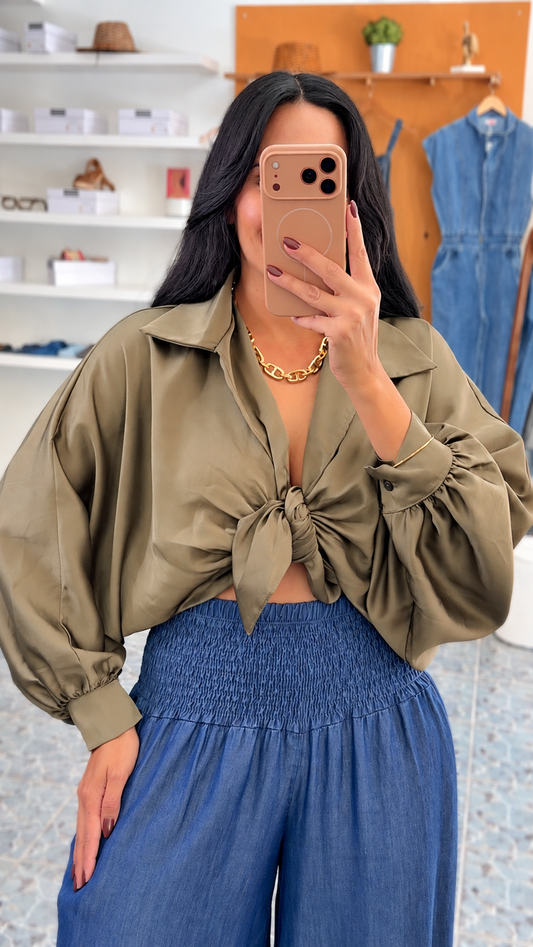 Italy Olive Satin Knot Shirt