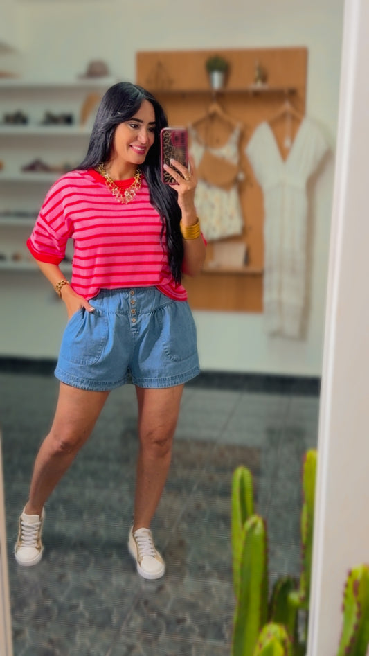 Pink/Red Stripes Textured Crop Top