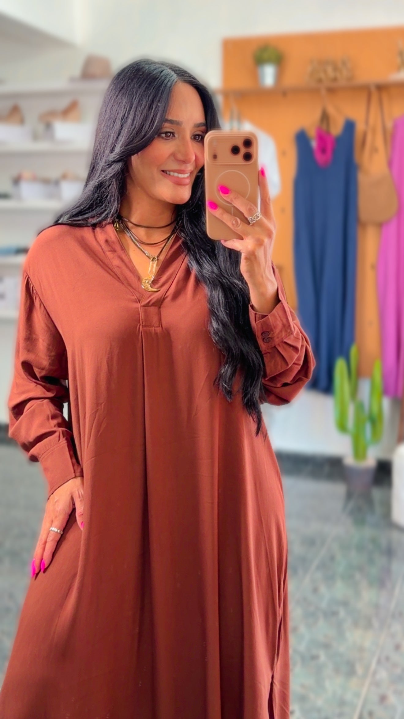 Chestnut Rayon Midi Shirt Dress