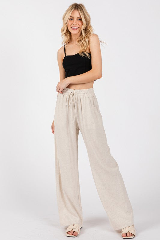 Oatmeal Drawstring Waist Wide Leg Pants