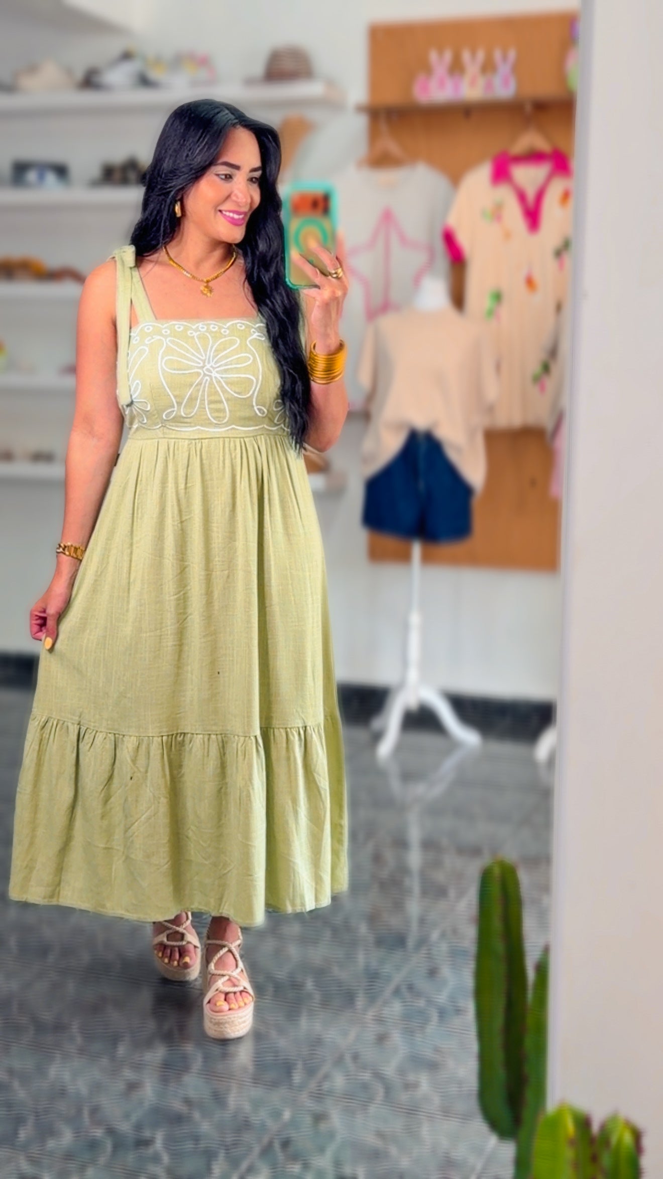 Sage Embroidery Linen Midi Dress