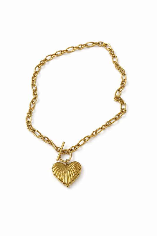 18K Gold Pleated Waterproof Stainless Steel Heart Necklace