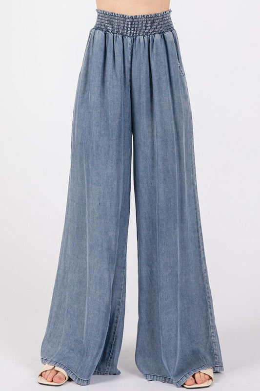 Tencel Waist Smocking Band Wide Leg Pants