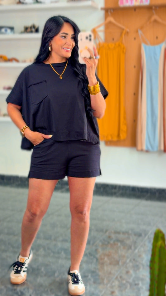 Black Cotton Shirt & Shorts Set