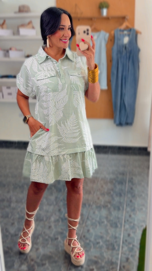 Mint Green Leaves Print Dress
