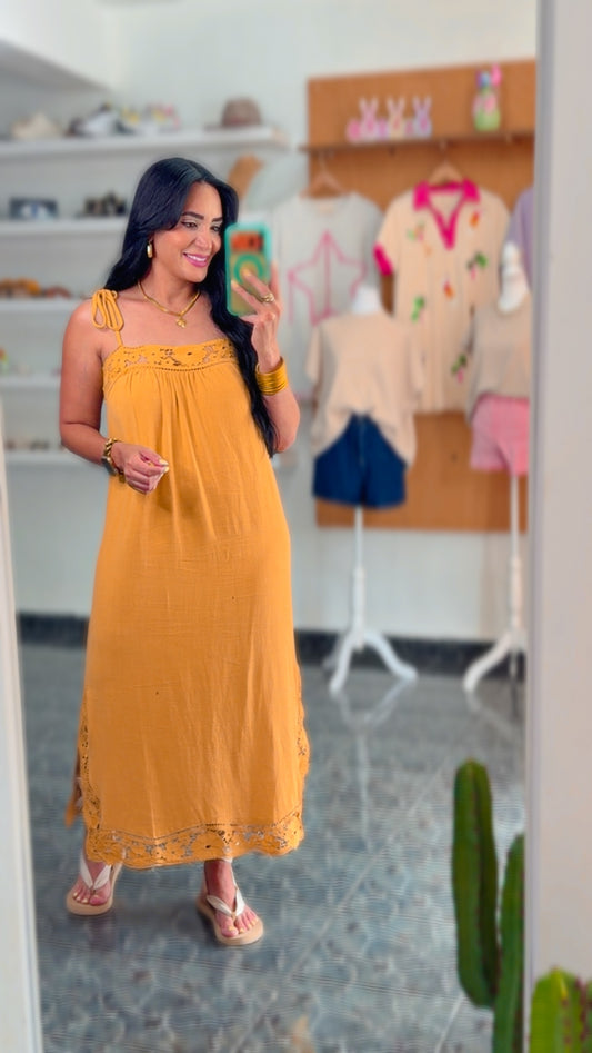 Yellow Lace Trim Linen Midi Dress
