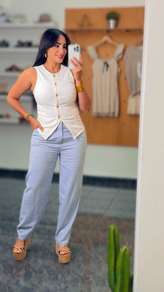 White Denim Button Down Spandex Vest