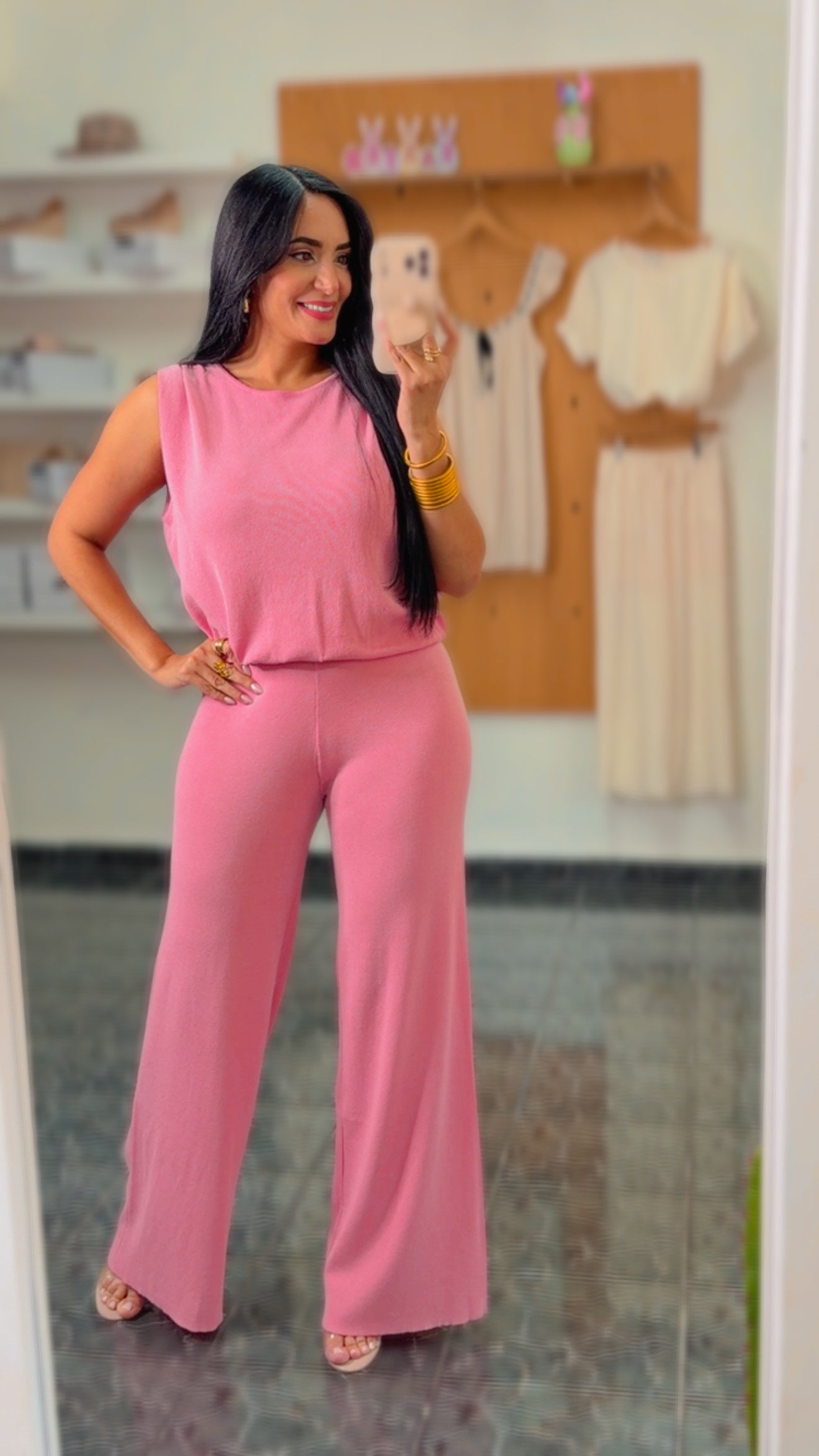 Pink Spandex Gathered Shoulder Set