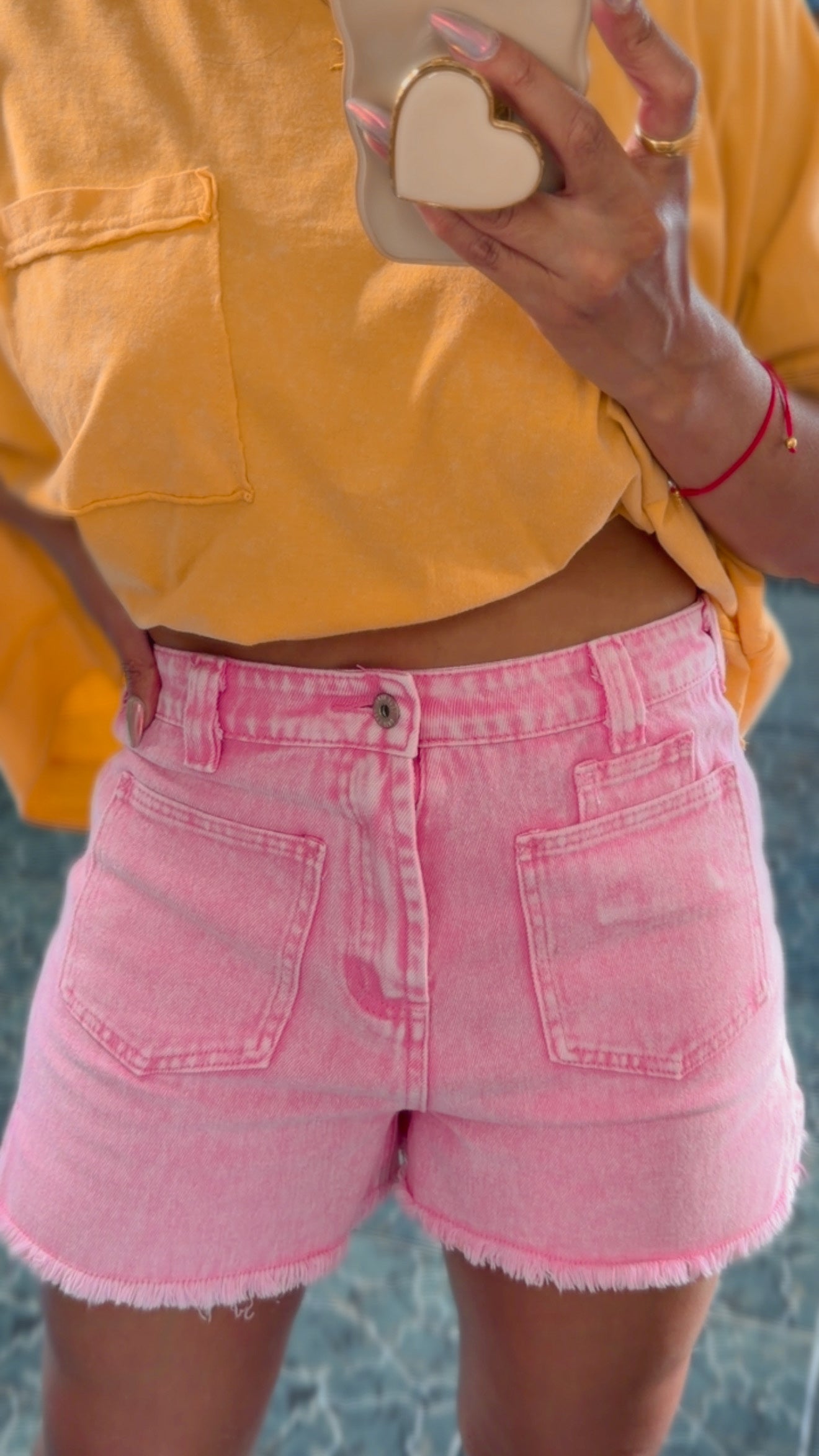 Pink Mineral Washed Denim Frayed Hem Shorts