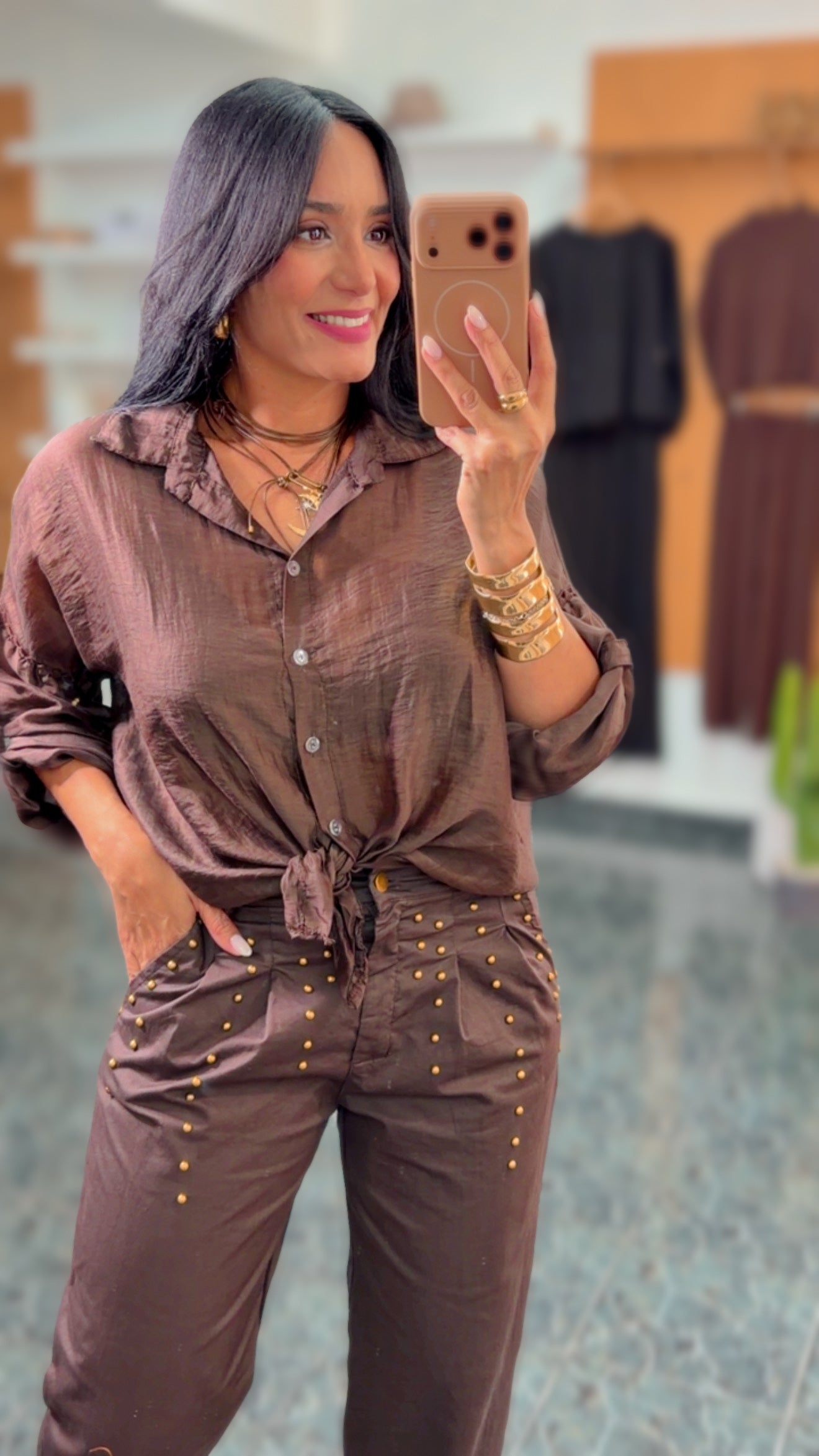 Italy Brown Studs Pleated Pants