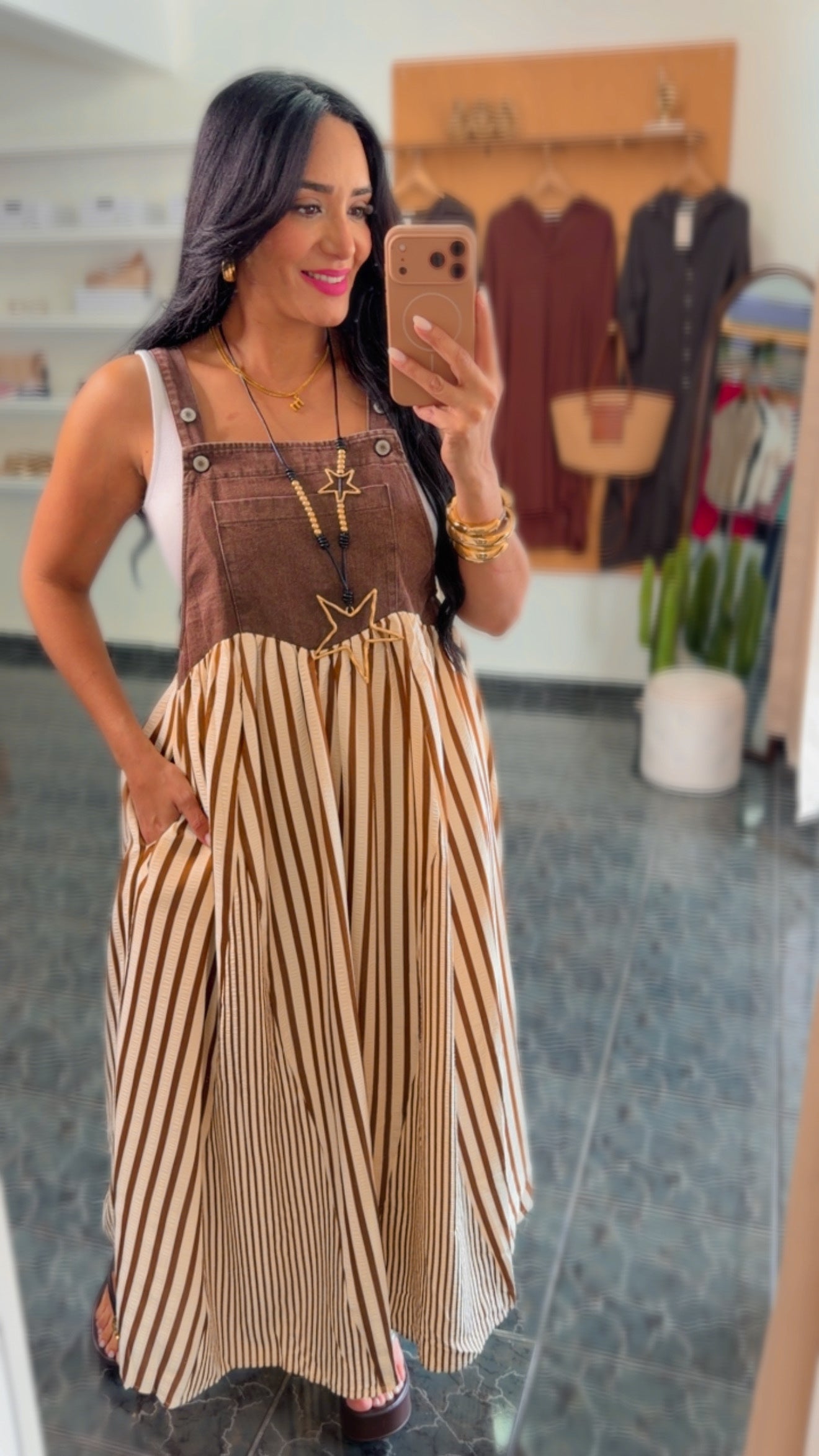 Chocolate Stripe Denim Overall Dress