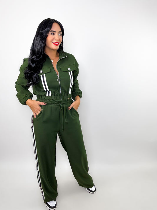 Olive Stripe Tape Zipper Jacket Pants Set