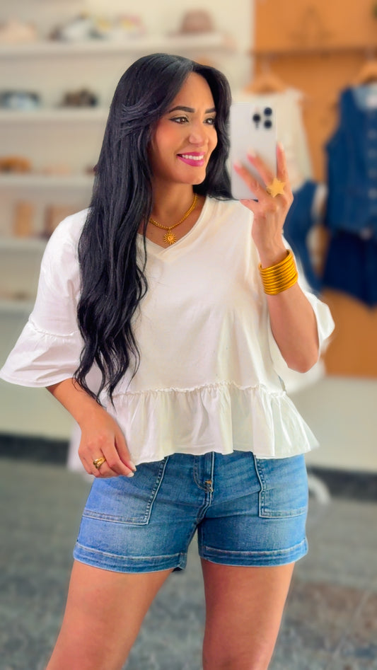 White Ruffle Detail Knit Top