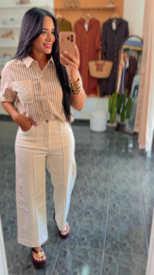 Taupe Stripe Lace Contrast Oversized Top