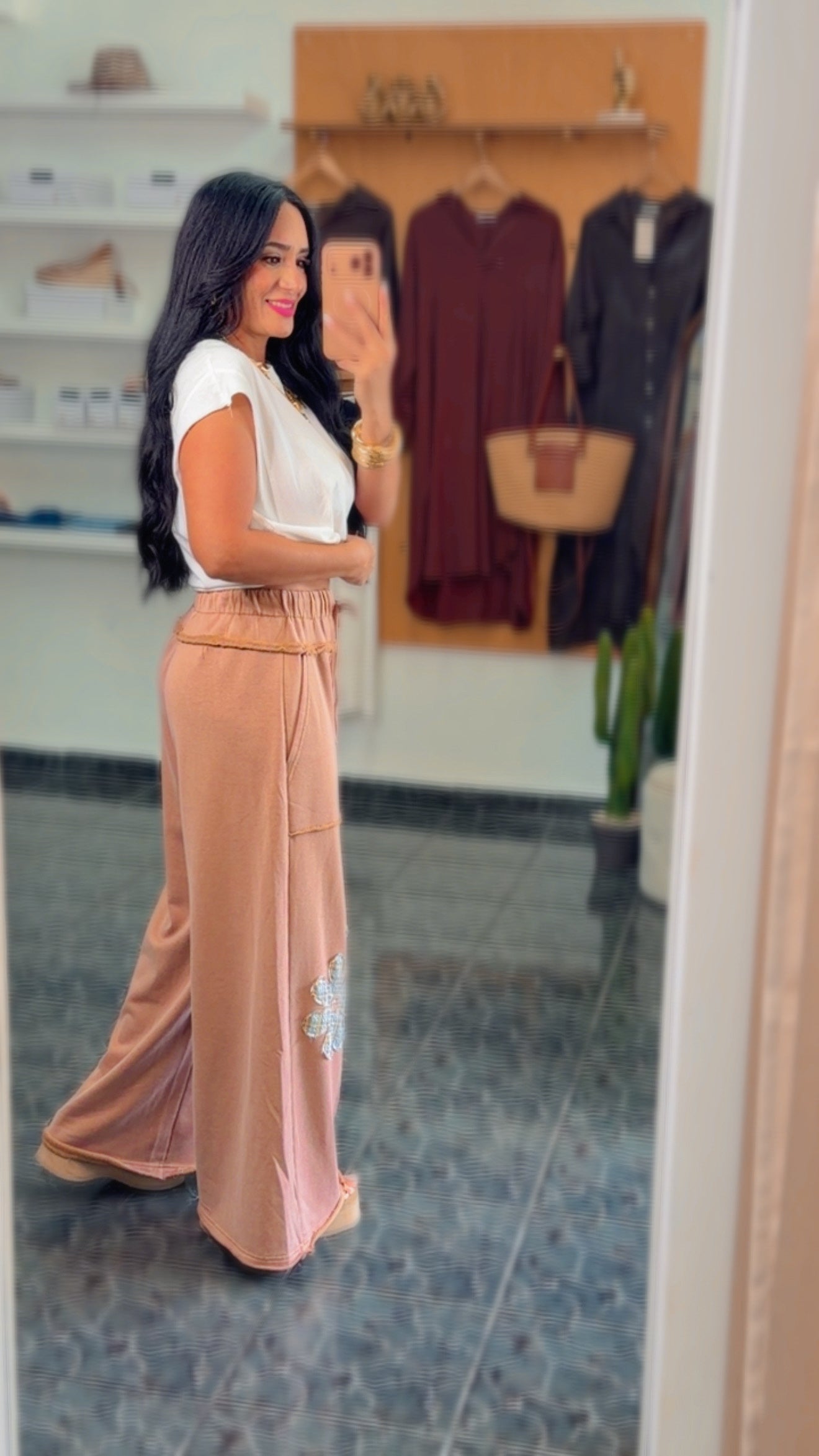Taupe French Terry Flowers Wide Leg Pants