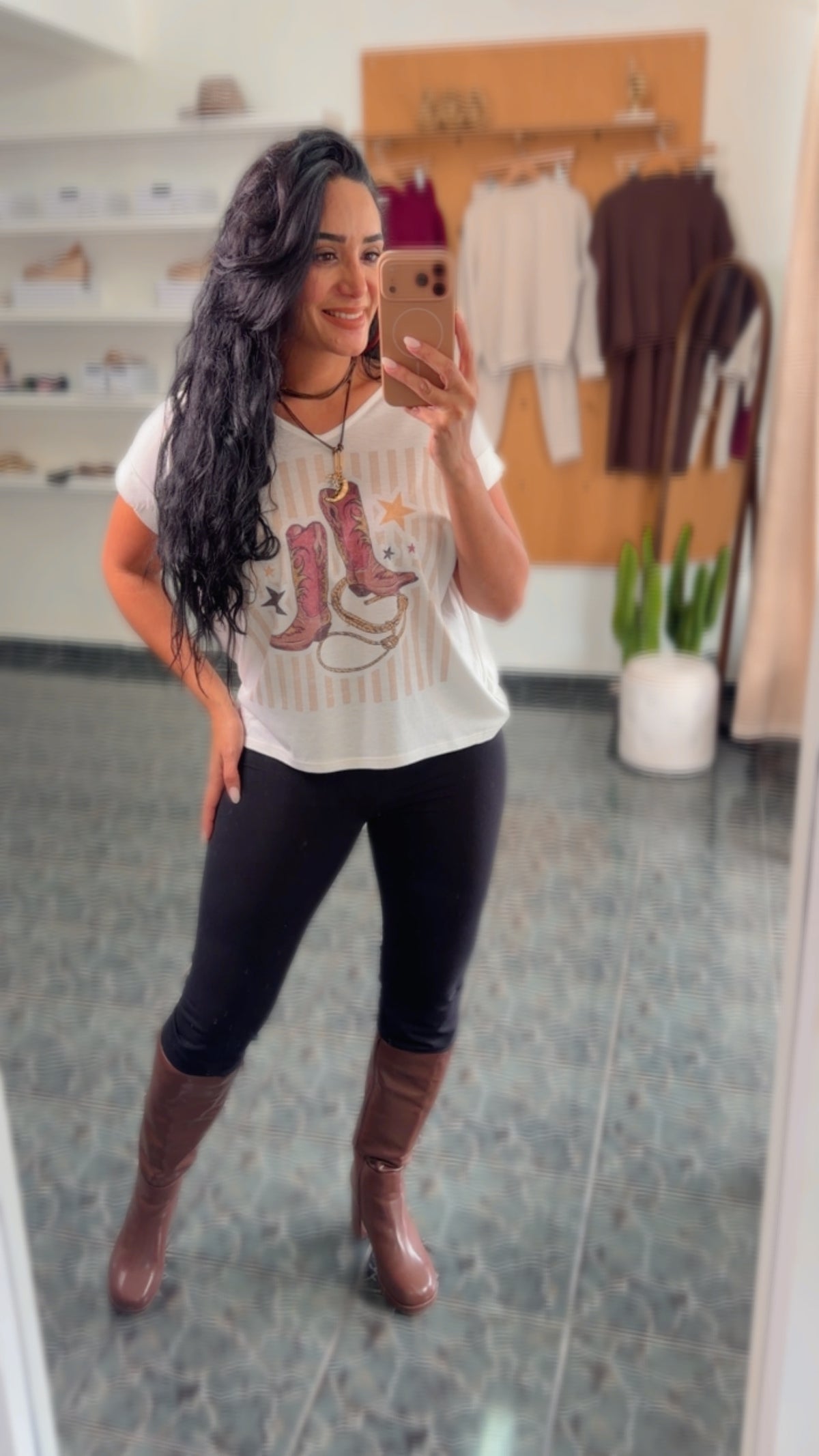 Ivory Cowboy Boots Print V Neck Top