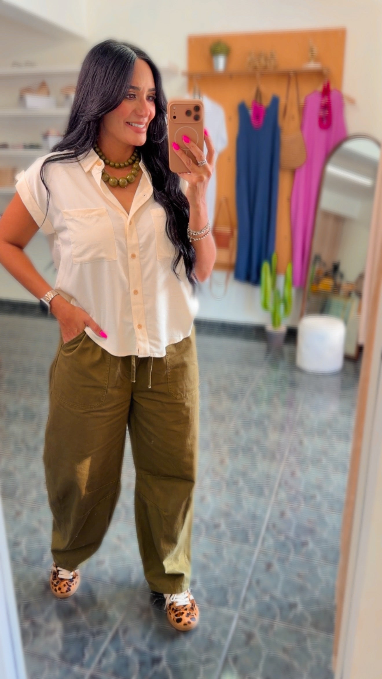 Olive Twill Elastic Waist Barrel Pants
