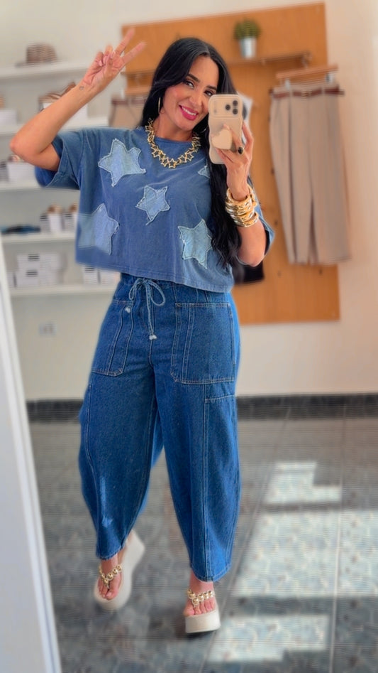 Elastic Waist Barril Jeans