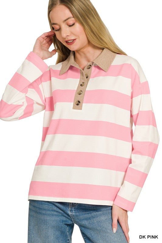 Pink Striped Contrast Collar Polo Tee