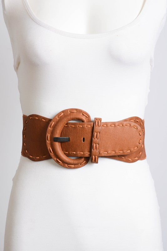 Camel Leather Wide Buckle Belt