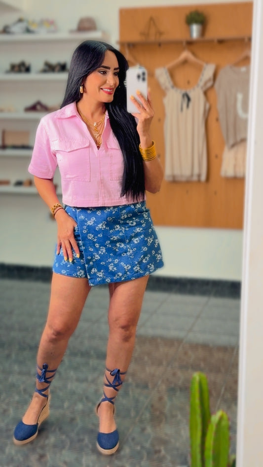 Denim Flowers Print Wrapped Skort