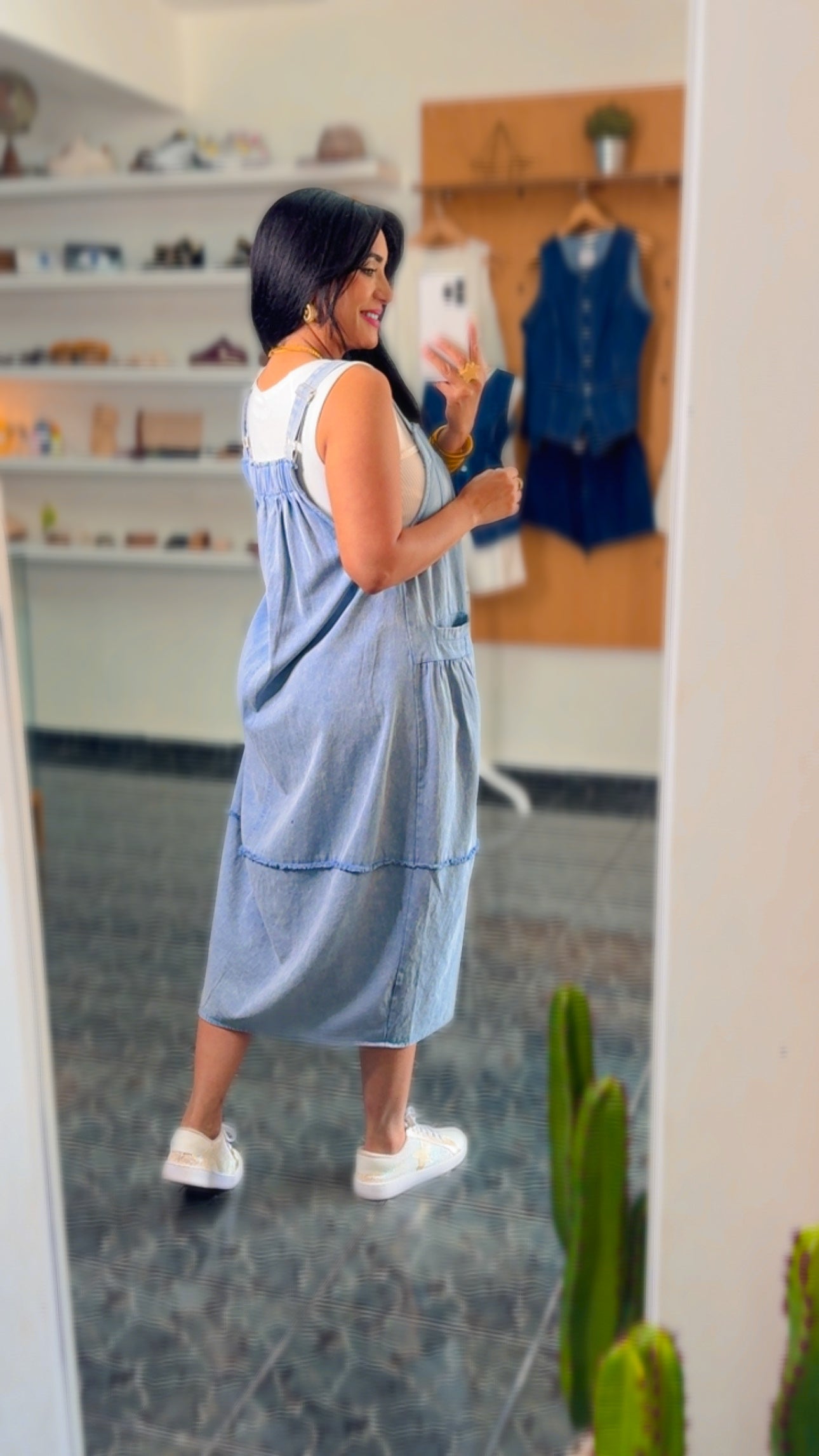 Washed Denim Overall Midi Dress