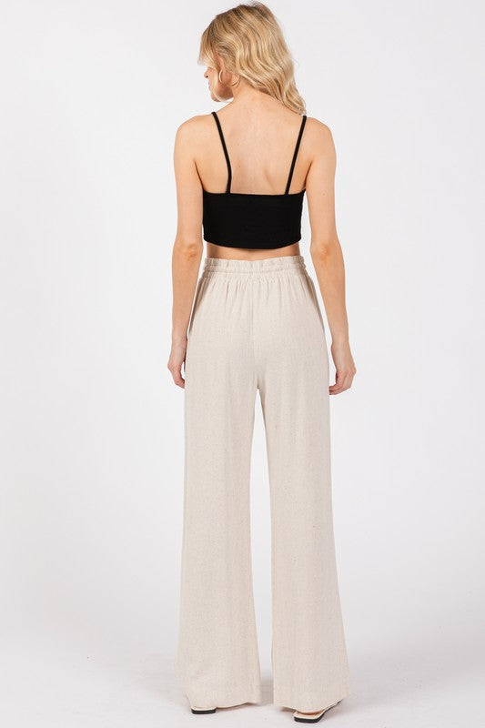 Oatmeal Drawstring Waist Wide Leg Pants