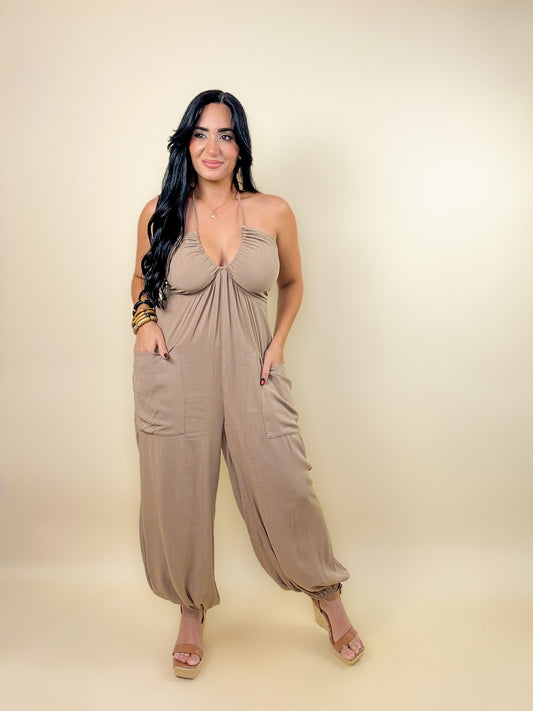 Taupe Rayon V neck Jumpsuit