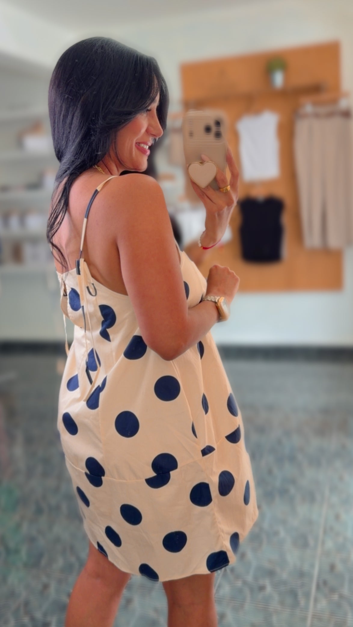 Cream/ Navy Polka Dot Barrel Dress