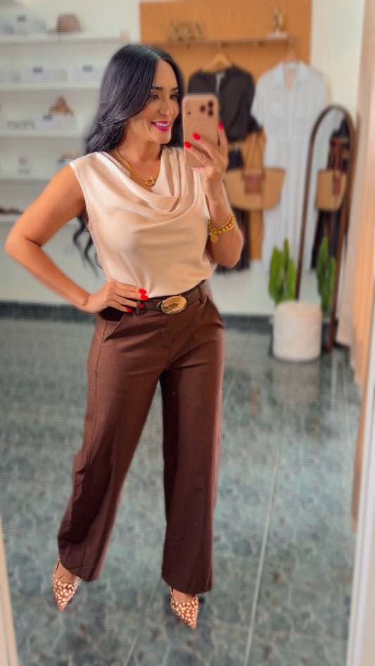 Dark Brown Belted Spandex Wide Leg Pants