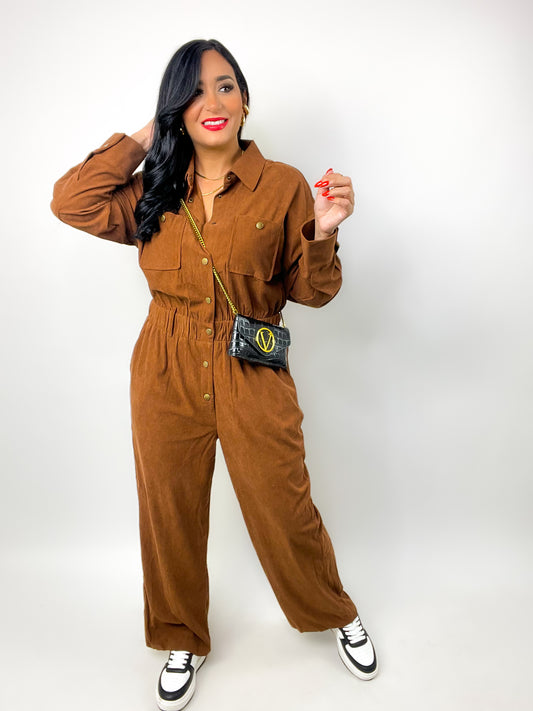 Brown Corduroy Utility Cropped Jumpsuit