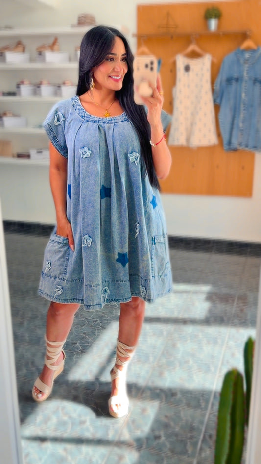 Denim Star Path Pockets Dress