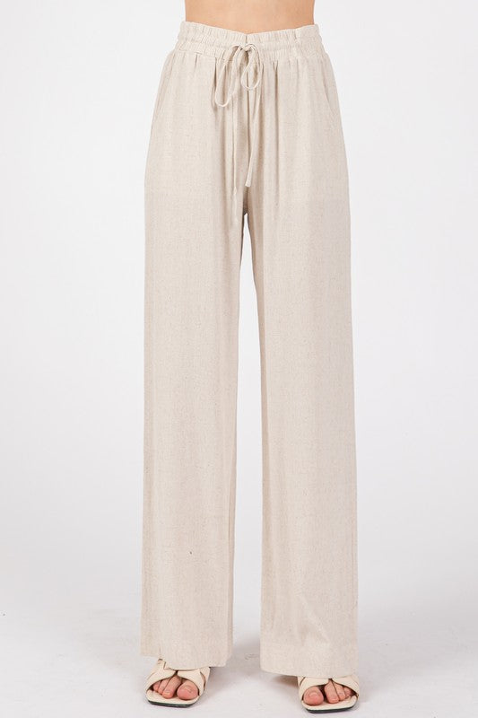 Oatmeal Drawstring Waist Wide Leg Pants