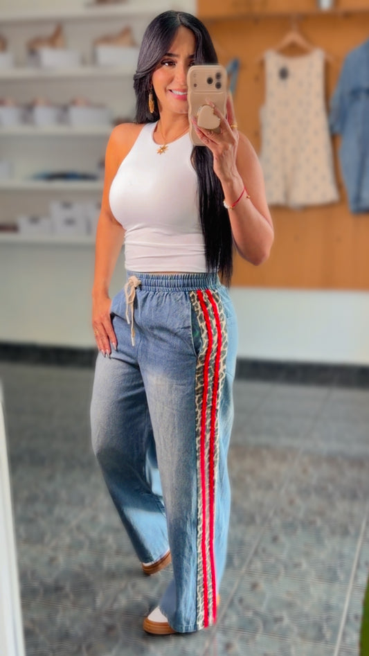 Side Leopard Red Accent Wide Leg Denim Pant
