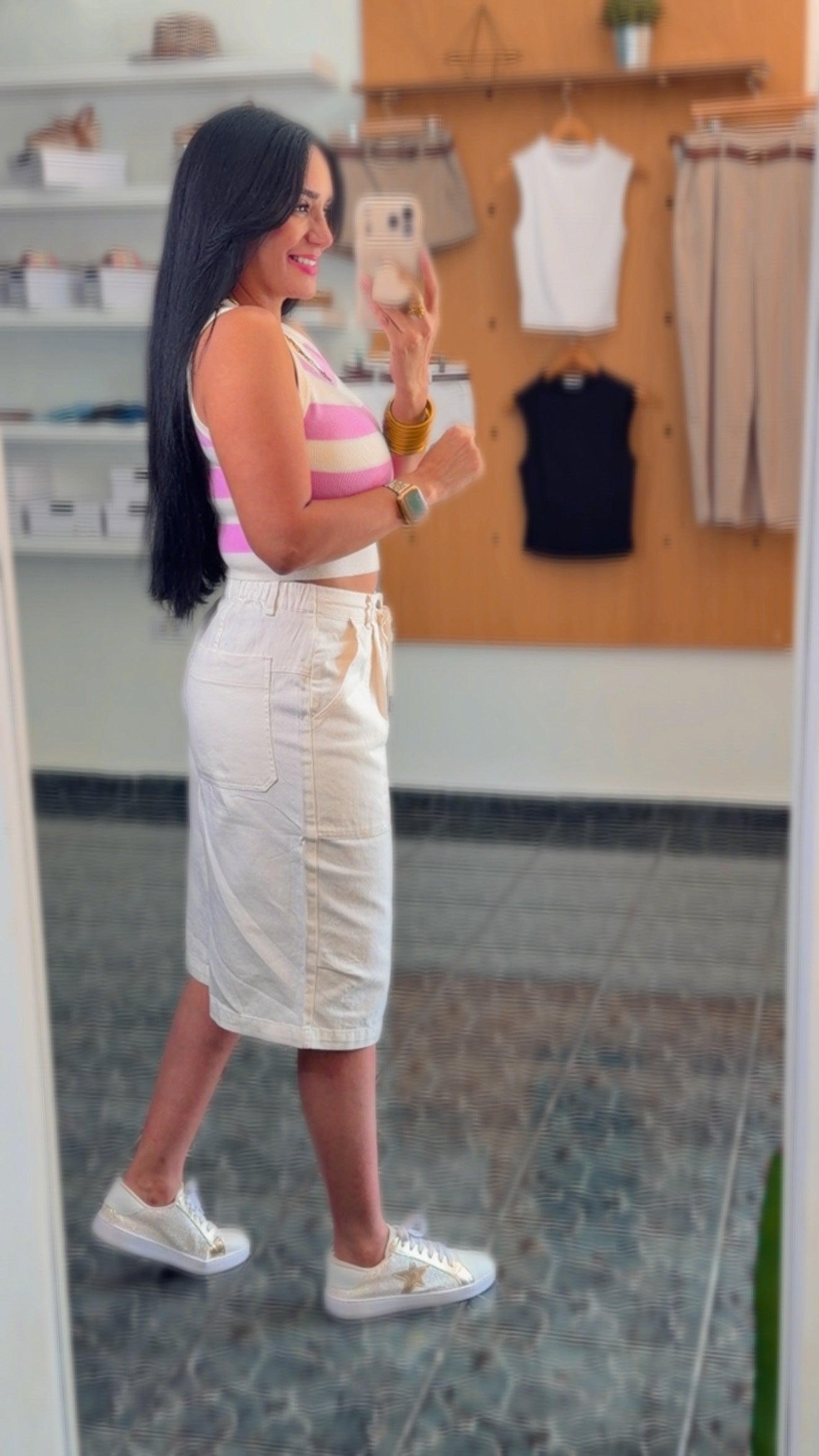 Cream Denim Elastic Waist Bermuda