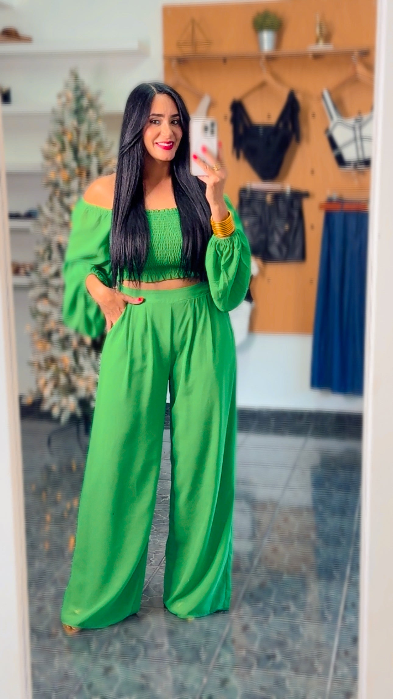 Hunter Green Smocked Woven Top & Pant Set