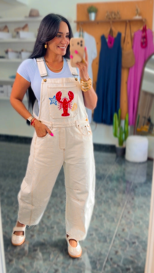 Embroidered Ivory Denim Overall