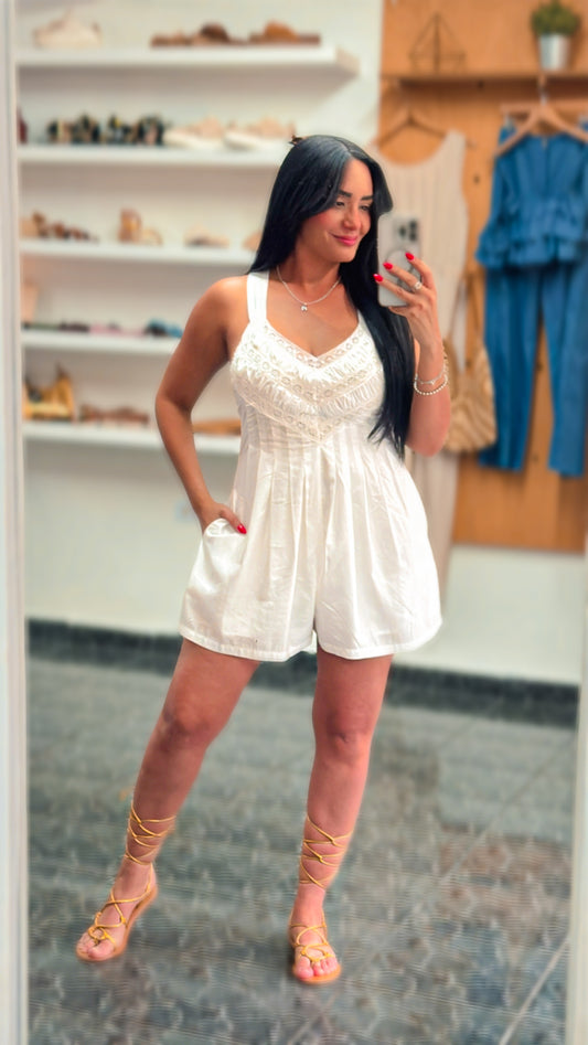 White Embroidered Pleated Romper